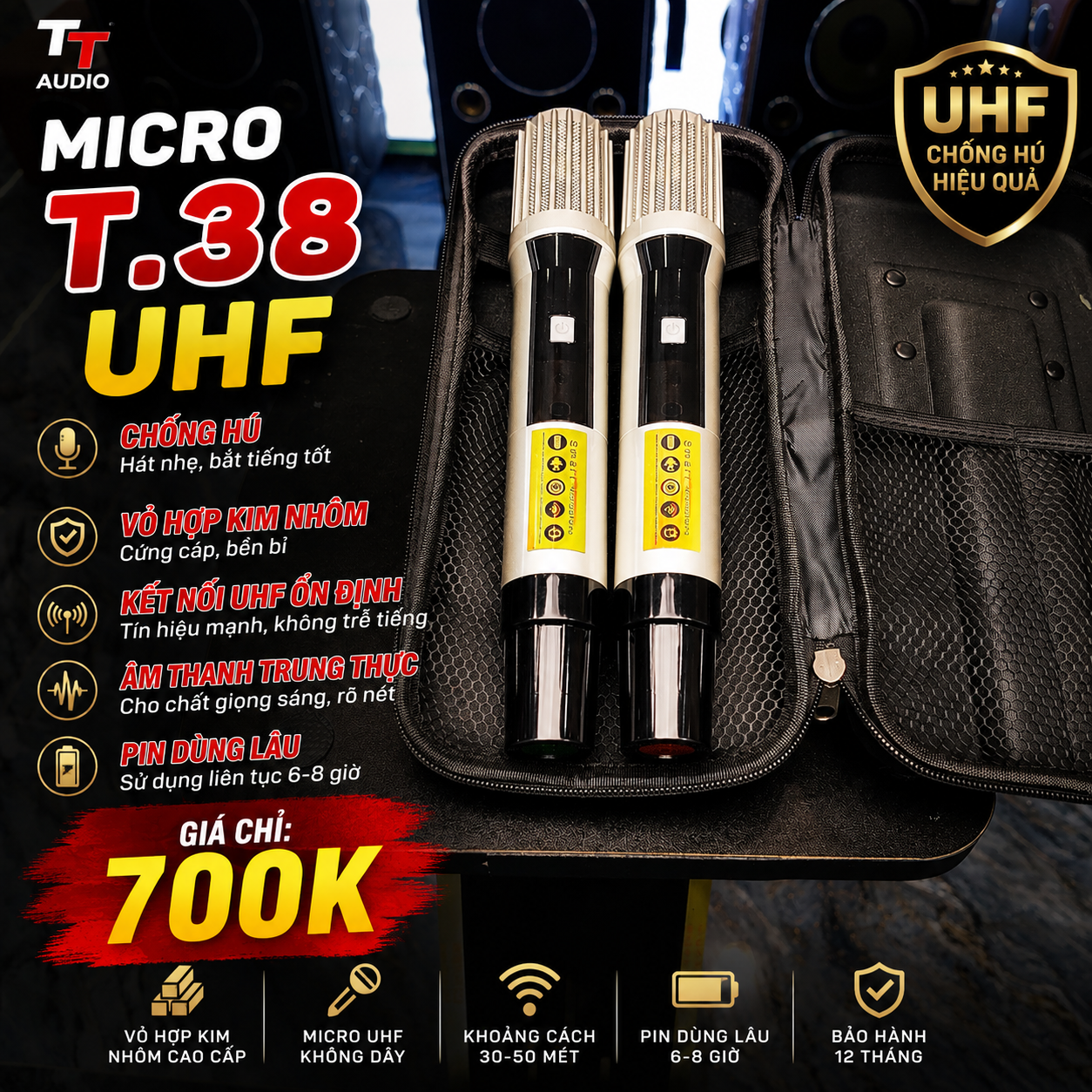 BỘ MICRO KHÔNG DÂY T_38 UHF ( TẶNG KÈM BAO DA )