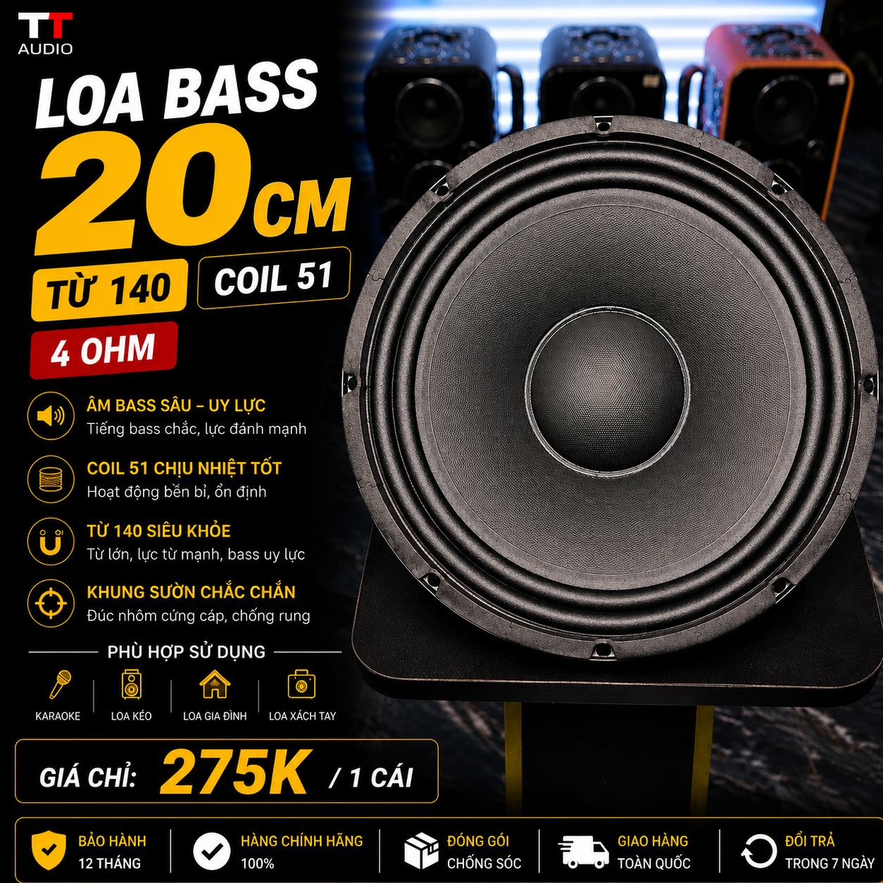 LOA BASS 20CM – TỪ 140 – COIL 51 – 4 OHM