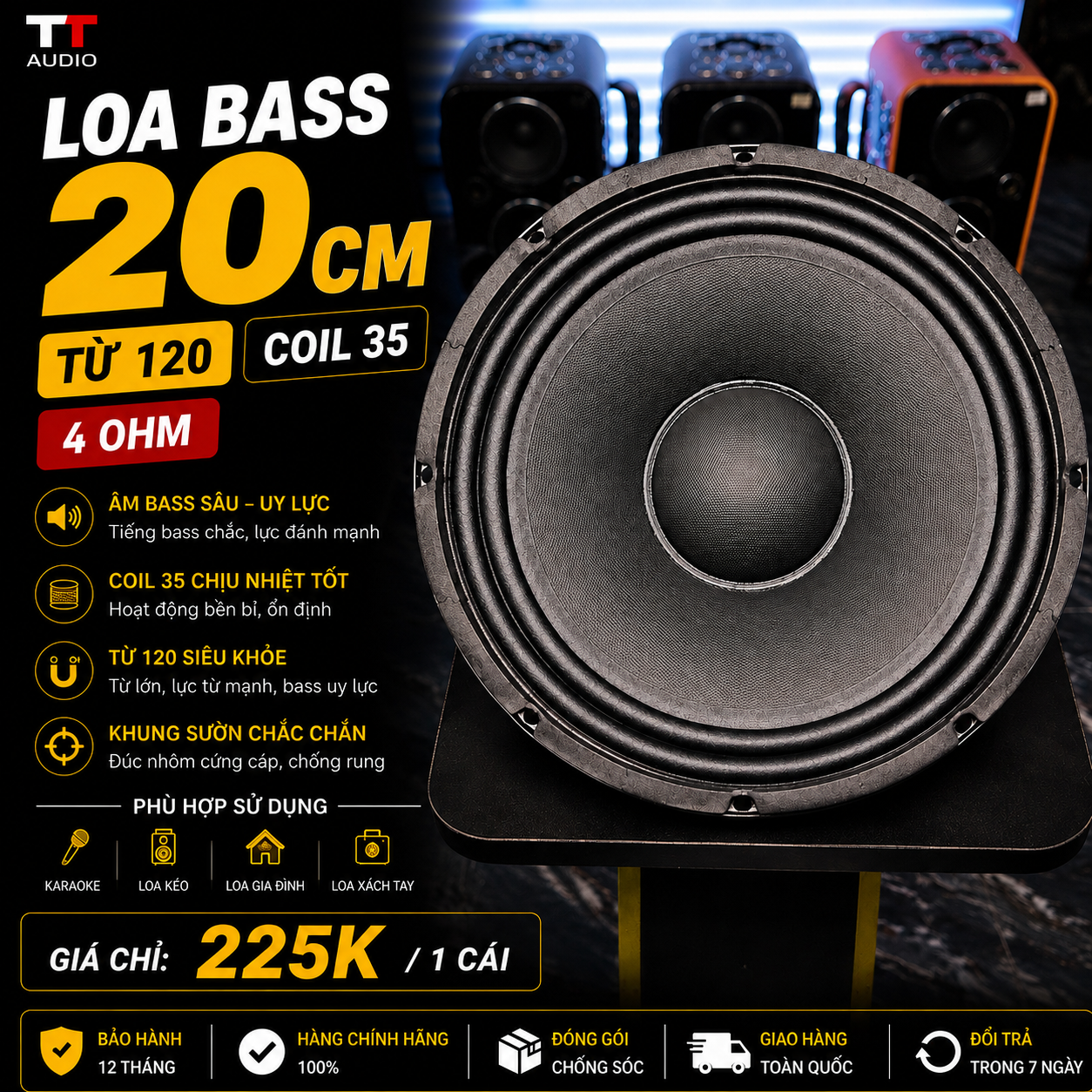 LOA BASS 20CM – TỪ 120 – COIL 35 – 4 OHM