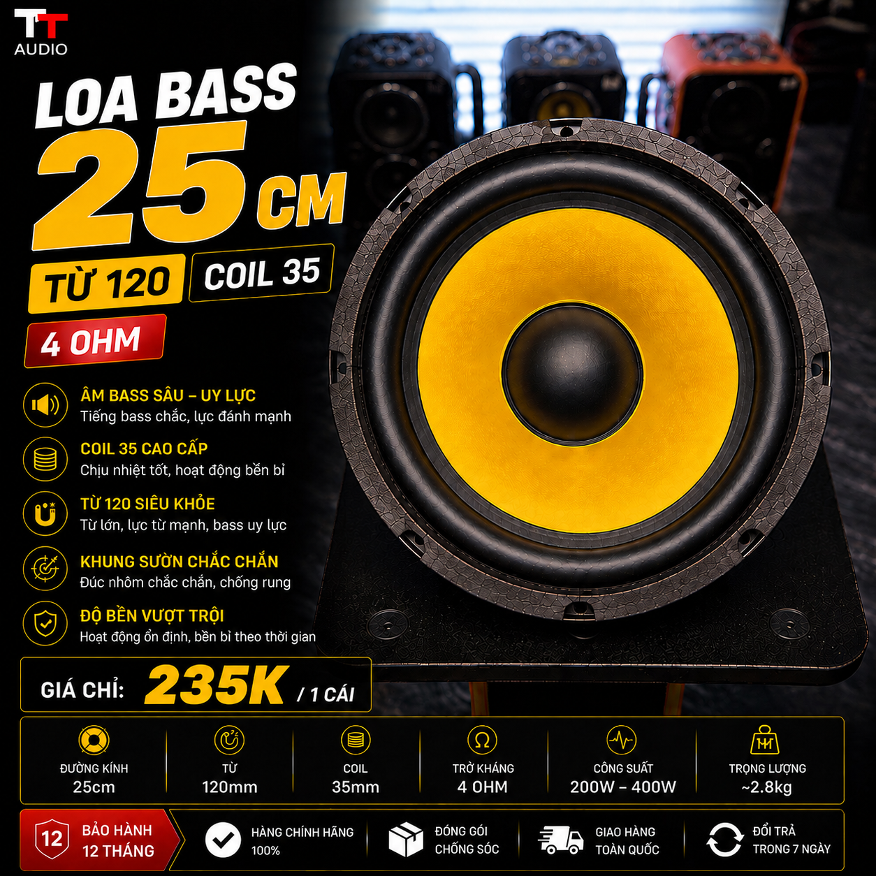 LOA BASS 25CM – TỪ 120 – COIL 35 – 4 OHM