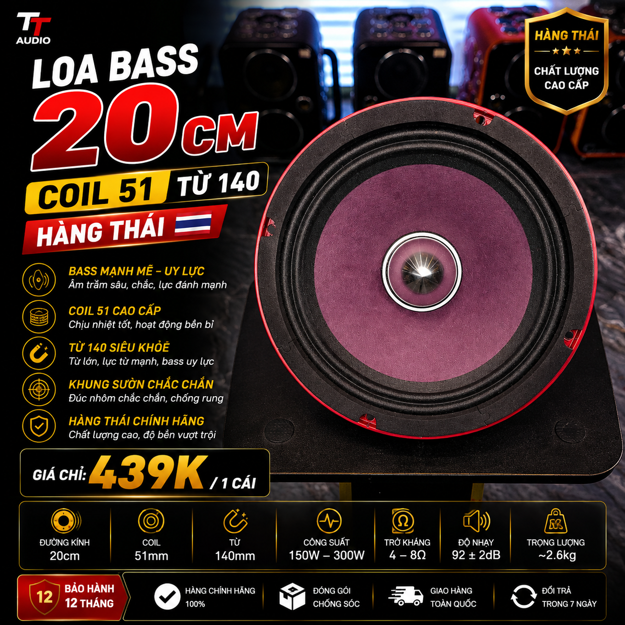 LOA BASS ( THÁI )20CM – TỪ 140 – COIL 51 – 4 OHM